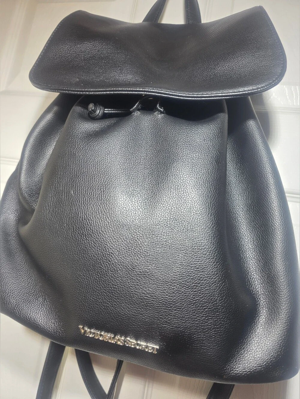 Victoria’s Secret Black Faux Leather Backpack Drawstring Bag Silver  Logo - Picture 6 of 8